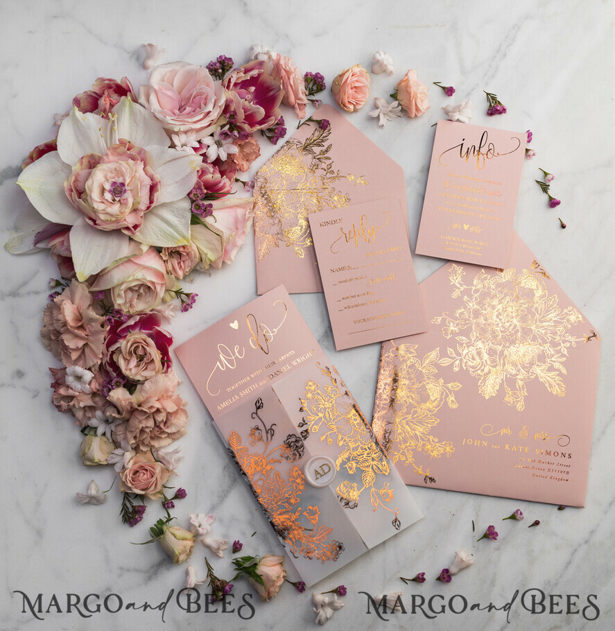 WEDDING INVITATIONS gold / rose gold / silver / glitter Luxury Vellum Gold Foil Wedding Invitations, Elegant Blush Pink Wedding Invitation Suite, Glamour Wedding Cards, Golden Shine Wedding Invitation Suite