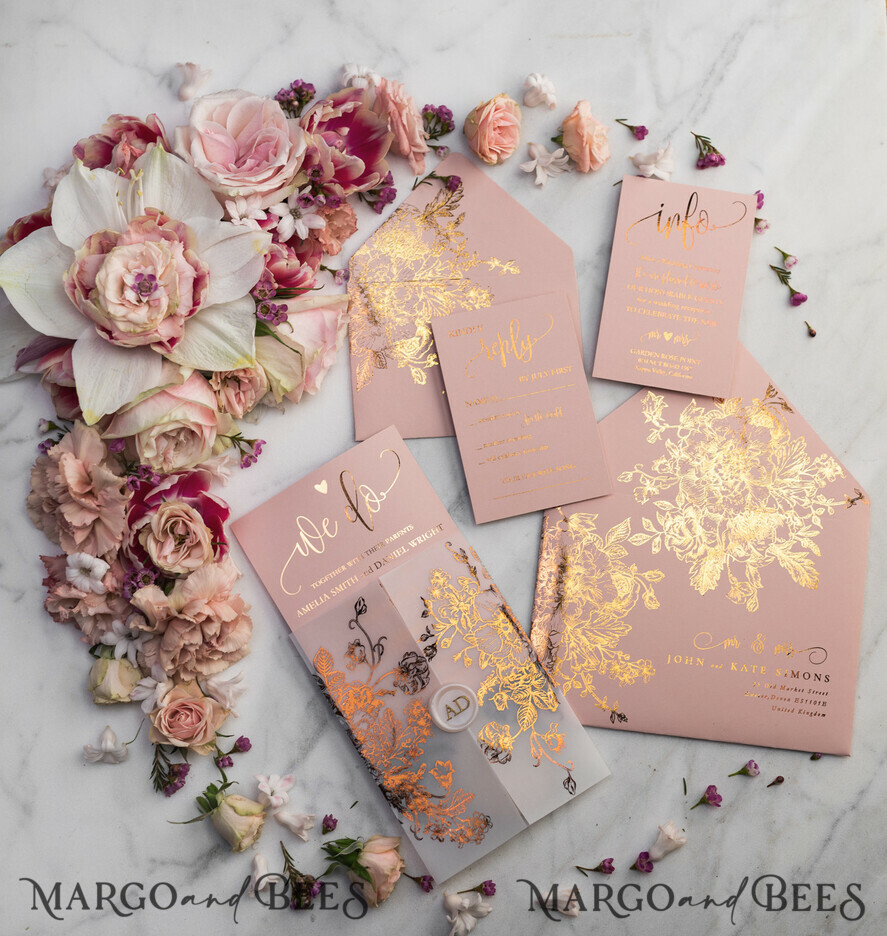 WEDDING INVITATIONS gold / rose gold / silver / glitter Luxury Vellum Gold Foil Wedding Invitations, Elegant Blush Pink Wedding Invitation Suite, Glamour Wedding Cards, Golden Shine Wedding Invitation Suite