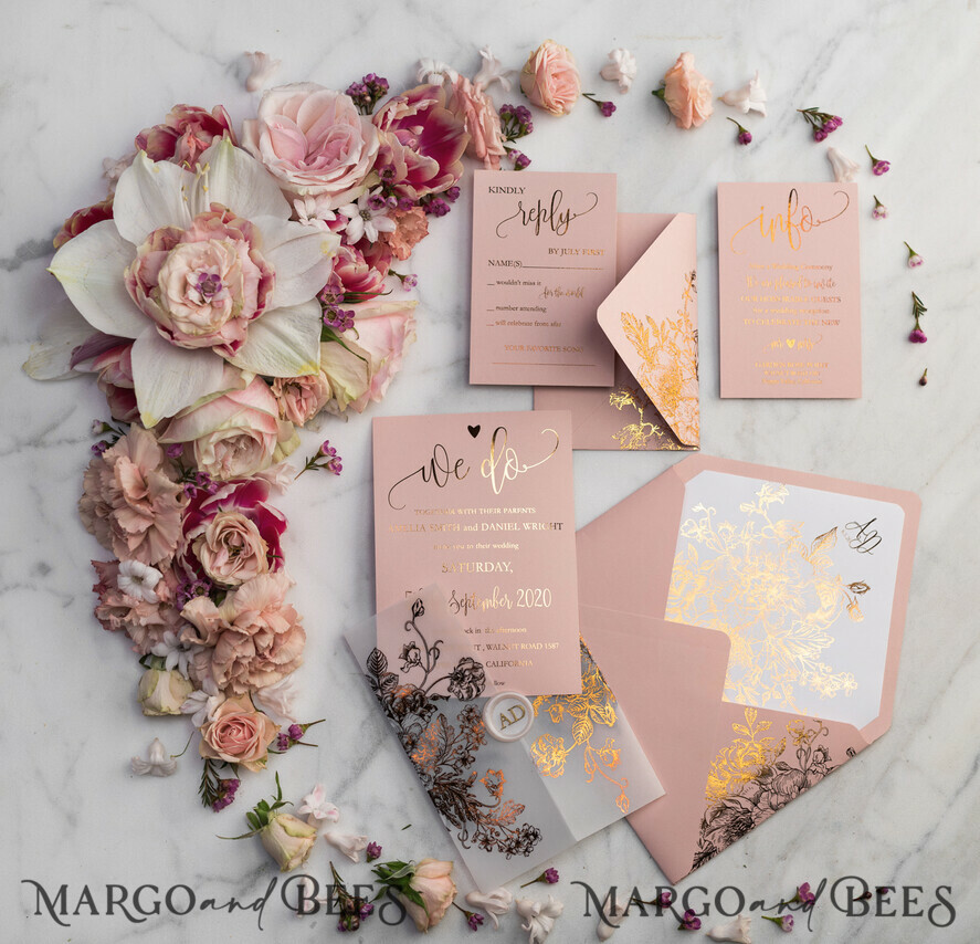WEDDING INVITATIONS gold / rose gold / silver / glitter Luxury Vellum Gold Foil Wedding Invitations, Elegant Blush Pink Wedding Invitation Suite, Glamour Wedding Cards, Golden Shine Wedding Invitation Suite