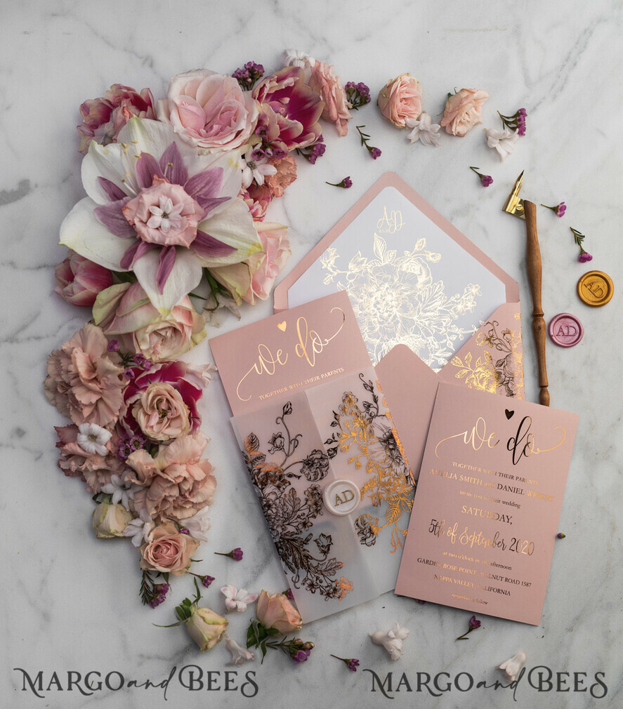 WEDDING INVITATIONS gold / rose gold / silver / glitter Luxury Vellum Gold Foil Wedding Invitations, Elegant Blush Pink Wedding Invitation Suite, Glamour Wedding Cards, Golden Shine Wedding Invitation Suite