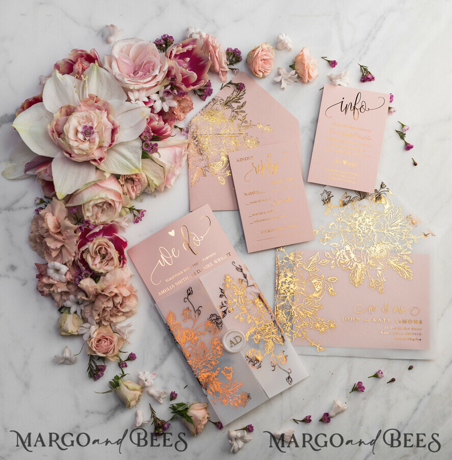 WEDDING INVITATIONS gold / rose gold / silver / glitter Luxury Vellum Gold Foil Wedding Invitations, Elegant Blush Pink Wedding Invitation Suite, Glamour Wedding Cards, Golden Shine Wedding Invitation Suite