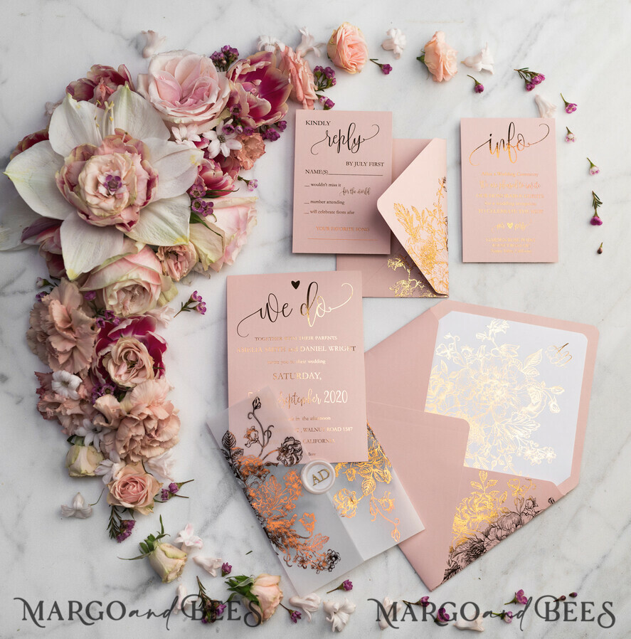 WEDDING INVITATIONS gold / rose gold / silver / glitter Luxury Vellum Gold Foil Wedding Invitations, Elegant Blush Pink Wedding Invitation Suite, Glamour Wedding Cards, Golden Shine Wedding Invitation Suite