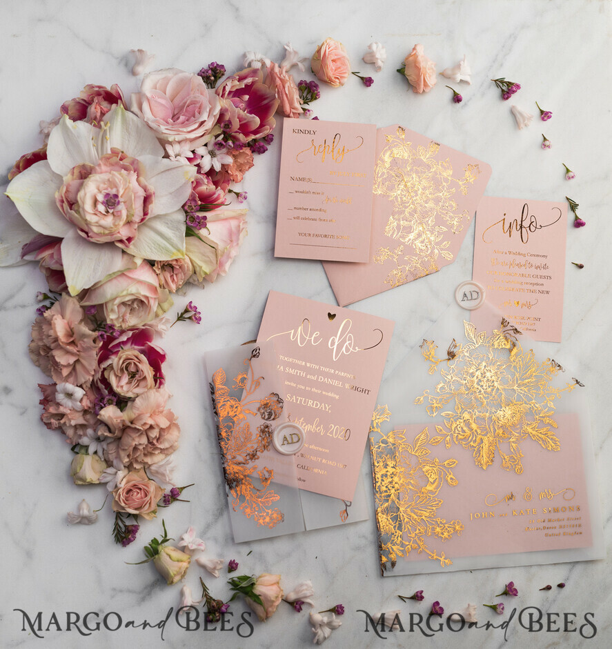 WEDDING INVITATIONS gold / rose gold / silver / glitter Luxury Vellum Gold Foil Wedding Invitations, Elegant Blush Pink Wedding Invitation Suite, Glamour Wedding Cards, Golden Shine Wedding Invitation Suite
