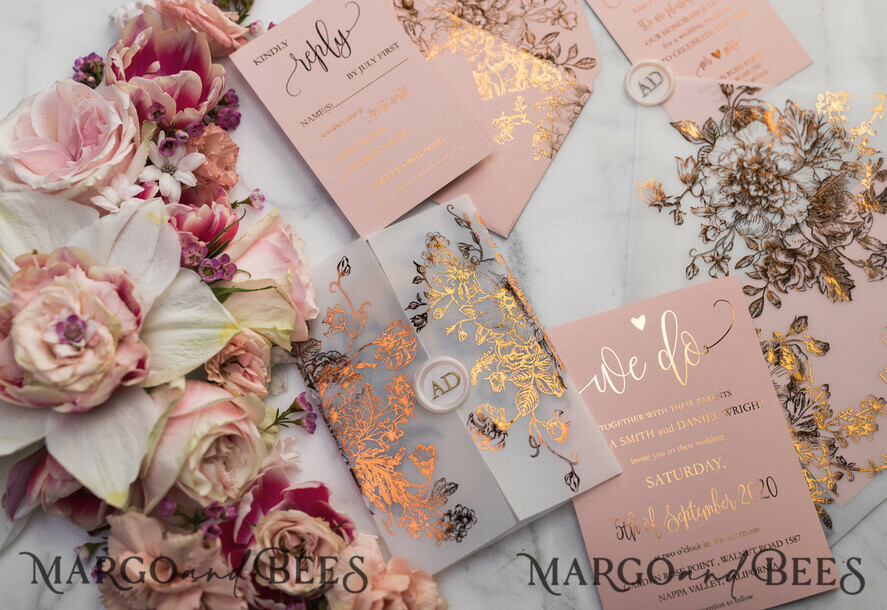 WEDDING INVITATIONS gold / rose gold / silver / glitter Luxury Vellum Gold Foil Wedding Invitations, Elegant Blush Pink Wedding Invitation Suite, Glamour Wedding Cards, Golden Shine Wedding Invitation Suite