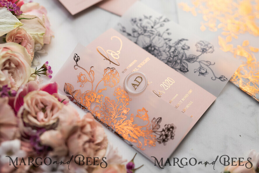 WEDDING INVITATIONS gold / rose gold / silver / glitter Luxury Vellum Gold Foil Wedding Invitations, Elegant Blush Pink Wedding Invitation Suite, Glamour Wedding Cards, Golden Shine Wedding Invitation Suite