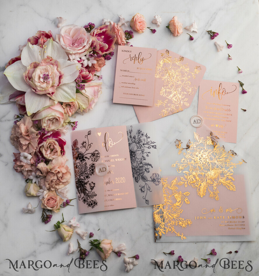 WEDDING INVITATIONS gold / rose gold / silver / glitter Luxury Vellum Gold Foil Wedding Invitations, Elegant Blush Pink Wedding Invitation Suite, Glamour Wedding Cards, Golden Shine Wedding Invitation Suite