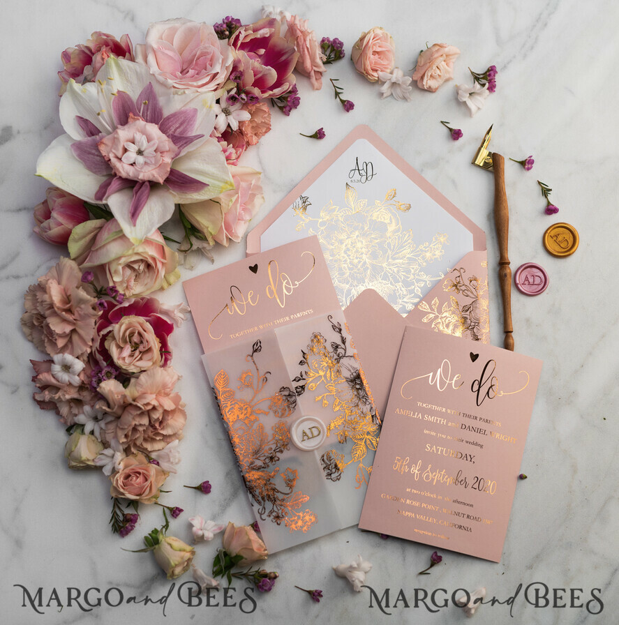 WEDDING INVITATIONS gold / rose gold / silver / glitter Luxury Vellum Gold Foil Wedding Invitations, Elegant Blush Pink Wedding Invitation Suite, Glamour Wedding Cards, Golden Shine Wedding Invitation Suite