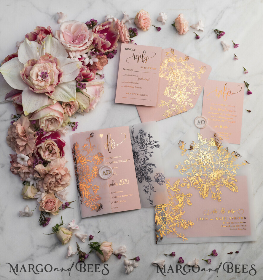 WEDDING INVITATIONS gold / rose gold / silver / glitter Luxury Vellum Gold Foil Wedding Invitations, Elegant Blush Pink Wedding Invitation Suite, Glamour Wedding Cards, Golden Shine Wedding Invitation Suite