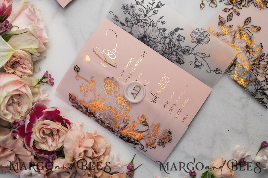 WEDDING INVITATIONS gold / rose gold / silver / glitter Luxury Vellum Gold Foil Wedding Invitations, Elegant Blush Pink Wedding Invitation Suite, Glamour Wedding Cards, Golden Shine Wedding Invitation Suite