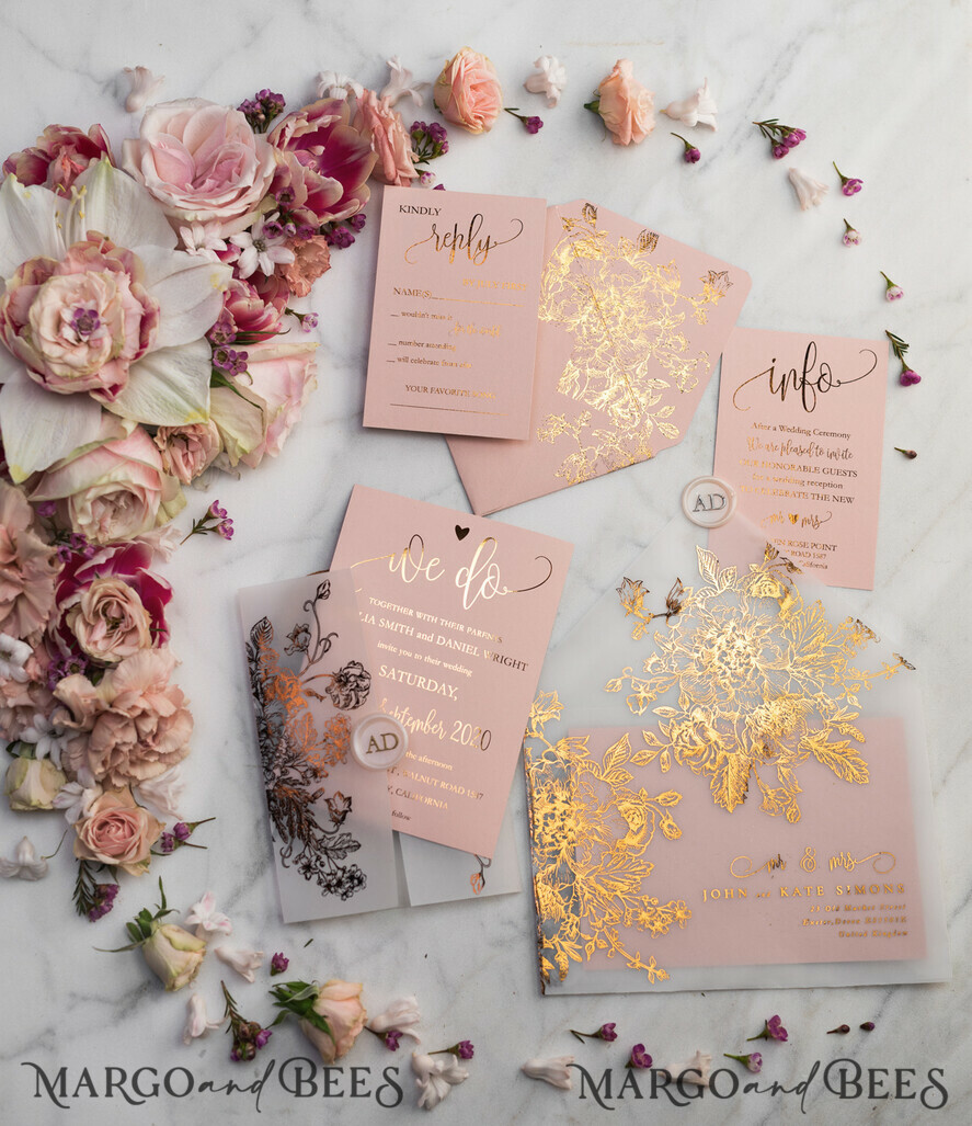 WEDDING INVITATIONS gold / rose gold / silver / glitter Luxury Vellum Gold Foil Wedding Invitations, Elegant Blush Pink Wedding Invitation Suite, Glamour Wedding Cards, Golden Shine Wedding Invitation Suite