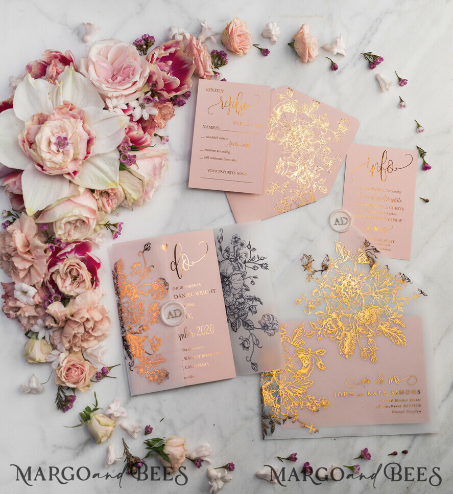 WEDDING INVITATIONS gold / rose gold / silver / glitter Luxury Vellum Gold Foil Wedding Invitations, Elegant Blush Pink Wedding Invitation Suite, Glamour Wedding Cards, Golden Shine Wedding Invitation Suite