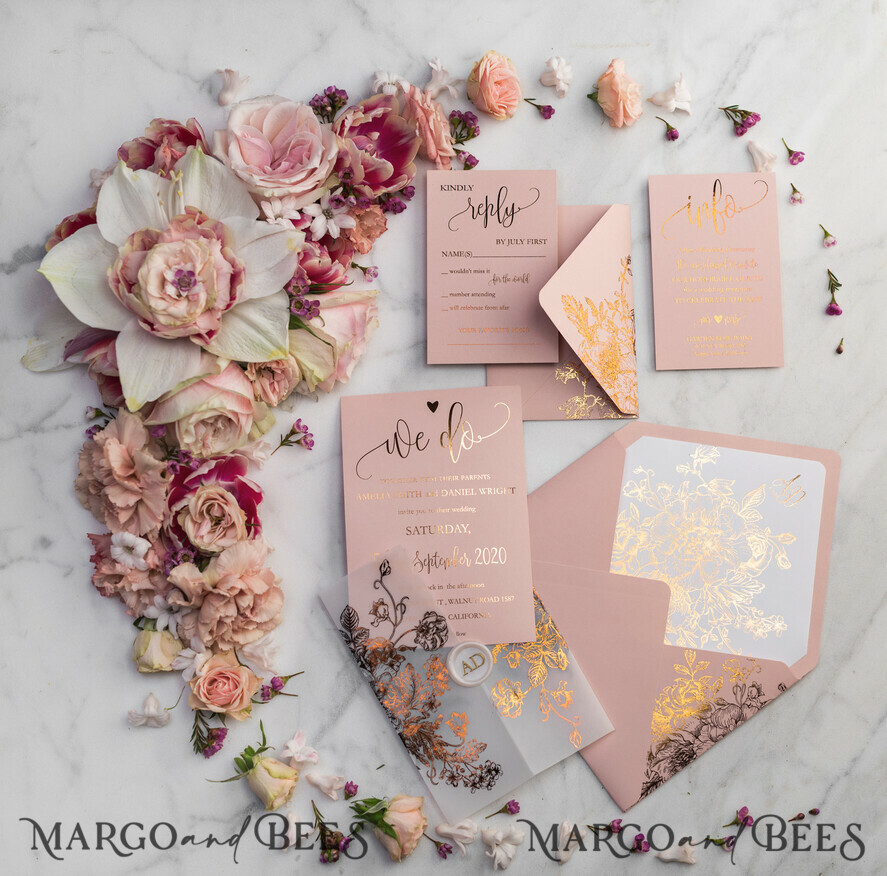 WEDDING INVITATIONS gold / rose gold / silver / glitter Luxury Vellum Gold Foil Wedding Invitations, Elegant Blush Pink Wedding Invitation Suite, Glamour Wedding Cards, Golden Shine Wedding Invitation Suite