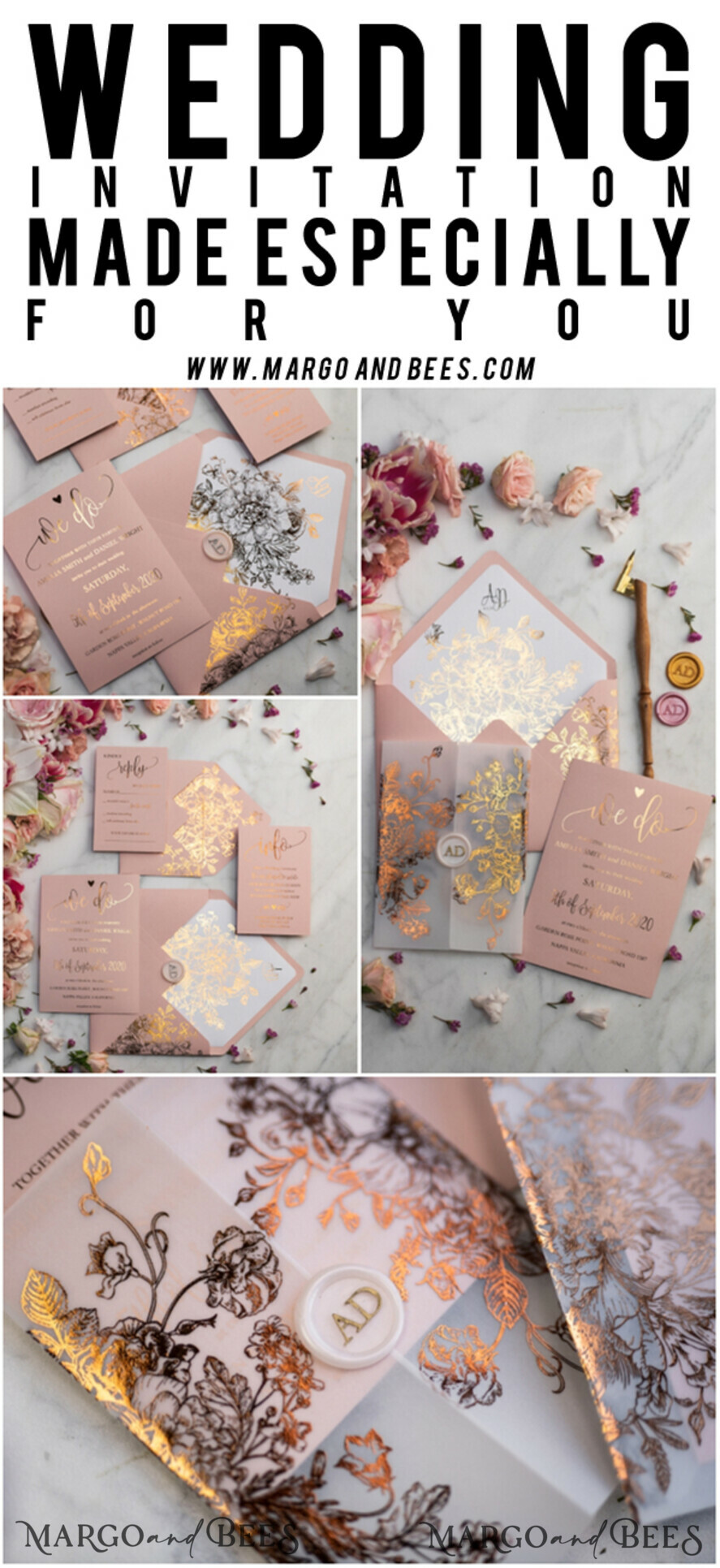 WEDDING INVITATIONS gold / rose gold / silver / glitter Luxury Vellum Gold Foil Wedding Invitations, Elegant Blush Pink Wedding Invitation Suite, Glamour Wedding Cards, Golden Shine Wedding Invitation Suite