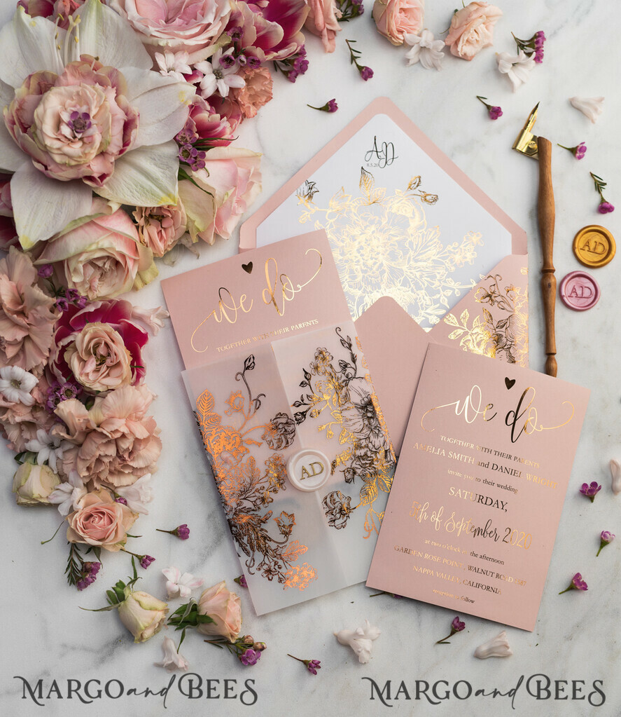 WEDDING INVITATIONS gold / rose gold / silver / glitter Luxury Vellum Gold Foil Wedding Invitations, Elegant Blush Pink Wedding Invitation Suite, Glamour Wedding Cards, Golden Shine Wedding Invitation Suite