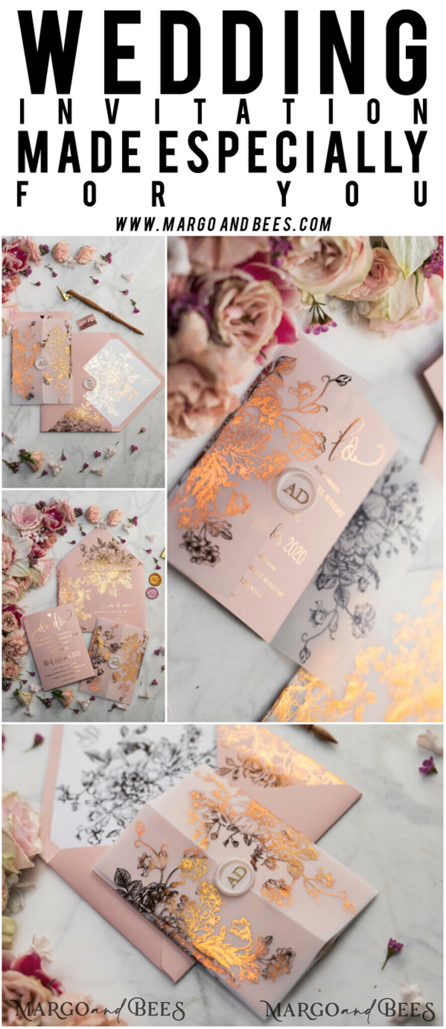 WEDDING INVITATIONS gold / rose gold / silver / glitter Luxury Vellum Gold Foil Wedding Invitations, Elegant Blush Pink Wedding Invitation Suite, Glamour Wedding Cards, Golden Shine Wedding Invitation Suite