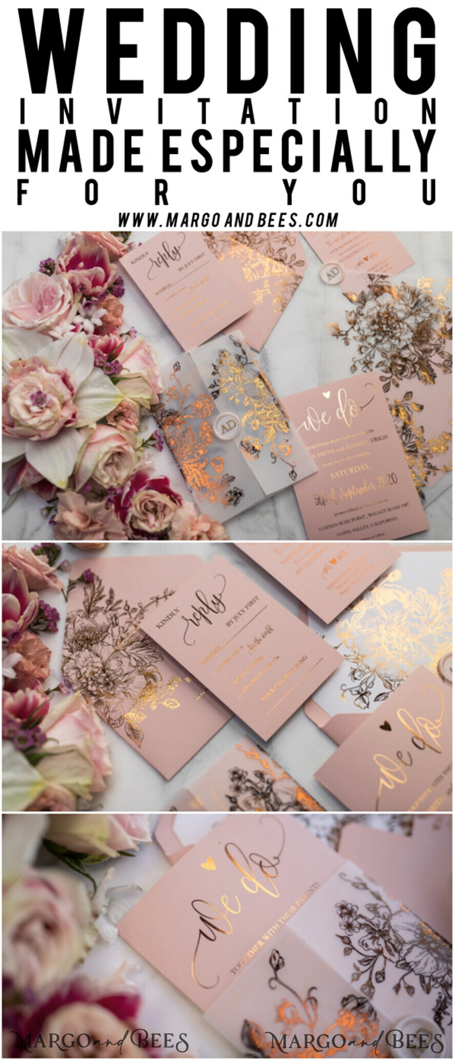 WEDDING INVITATIONS gold / rose gold / silver / glitter Luxury Vellum Gold Foil Wedding Invitations, Elegant Blush Pink Wedding Invitation Suite, Glamour Wedding Cards, Golden Shine Wedding Invitation Suite
