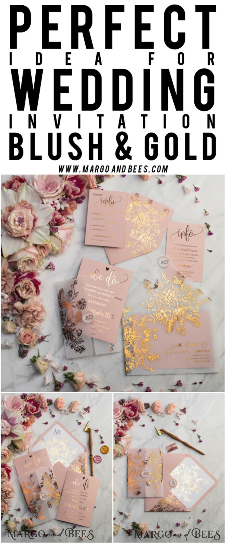 WEDDING INVITATIONS gold / rose gold / silver / glitter Luxury Vellum Gold Foil Wedding Invitations, Elegant Blush Pink Wedding Invitation Suite, Glamour Wedding Cards, Golden Shine Wedding Invitation Suite