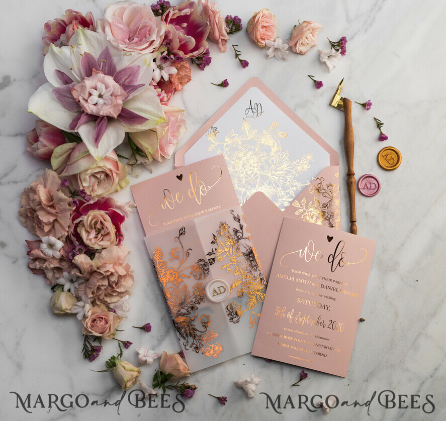 WEDDING INVITATIONS gold / rose gold / silver / glitter Luxury Vellum Gold Foil Wedding Invitations, Elegant Blush Pink Wedding Invitation Suite, Glamour Wedding Cards, Golden Shine Wedding Invitation Suite