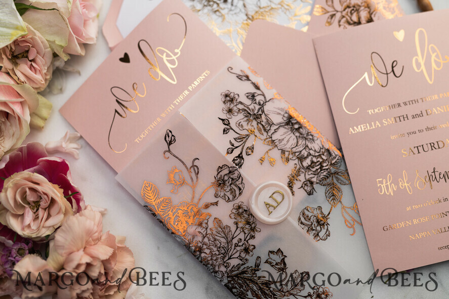 WEDDING INVITATIONS gold / rose gold / silver / glitter Luxury Vellum Gold Foil Wedding Invitations, Elegant Blush Pink Wedding Invitation Suite, Glamour Wedding Cards, Golden Shine Wedding Invitation Suite