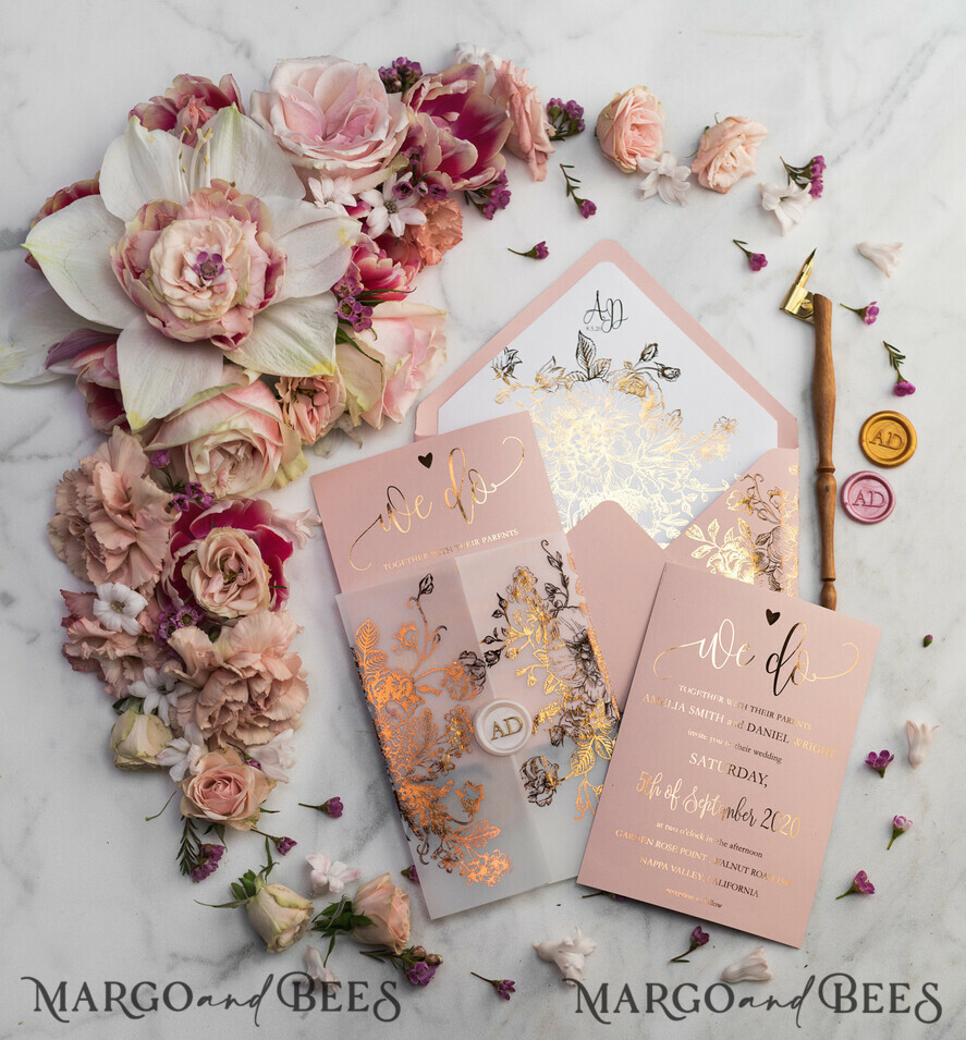 WEDDING INVITATIONS gold / rose gold / silver / glitter Luxury Vellum Gold Foil Wedding Invitations, Elegant Blush Pink Wedding Invitation Suite, Glamour Wedding Cards, Golden Shine Wedding Invitation Suite