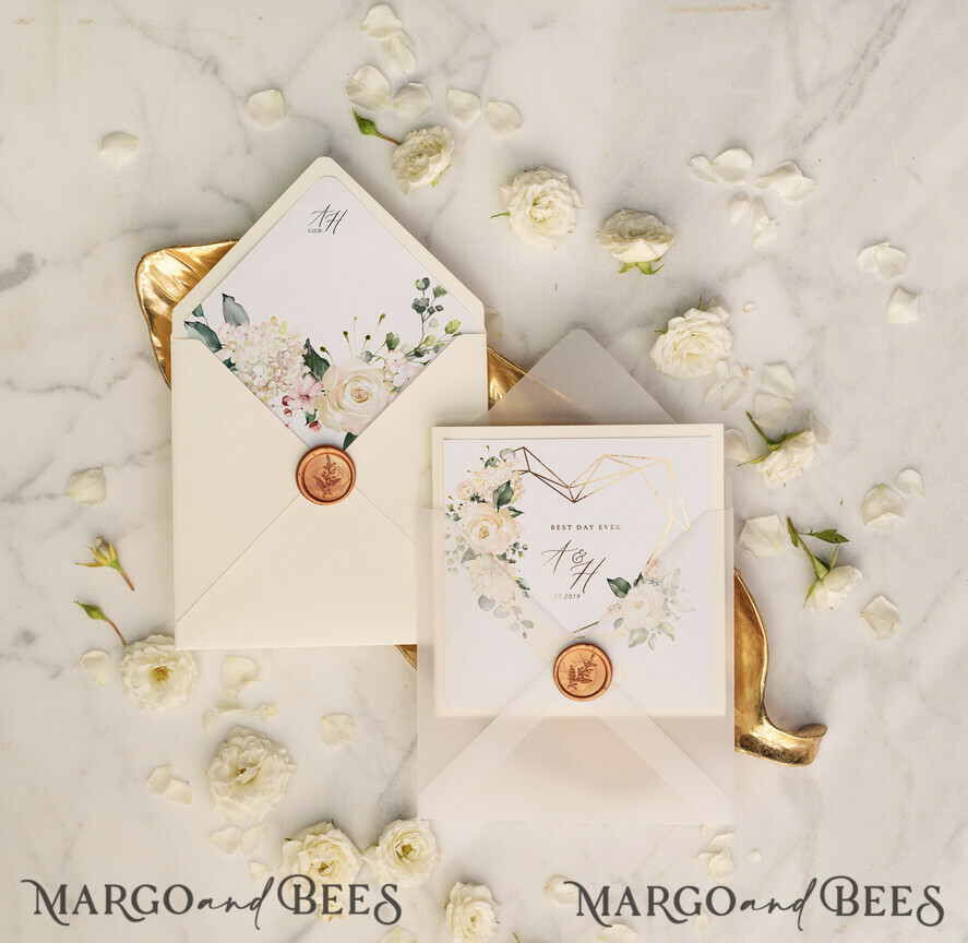 WEDDING INVITATIONS gold / rose gold / silver / glitter Ecru wedding invitations, floral wedding invitations, green lettering, gold mirror paper, ecru and white wedding invitations, white wedding invitations, gold foil print out, gold foil, gold lettering, vellum envelope, pocket wedding invitation, pocket wedding invitations, floral wedding, floral wedding cards, geometric wedding invitations, geometric heart, ecru wedding cards, gold mirror paper