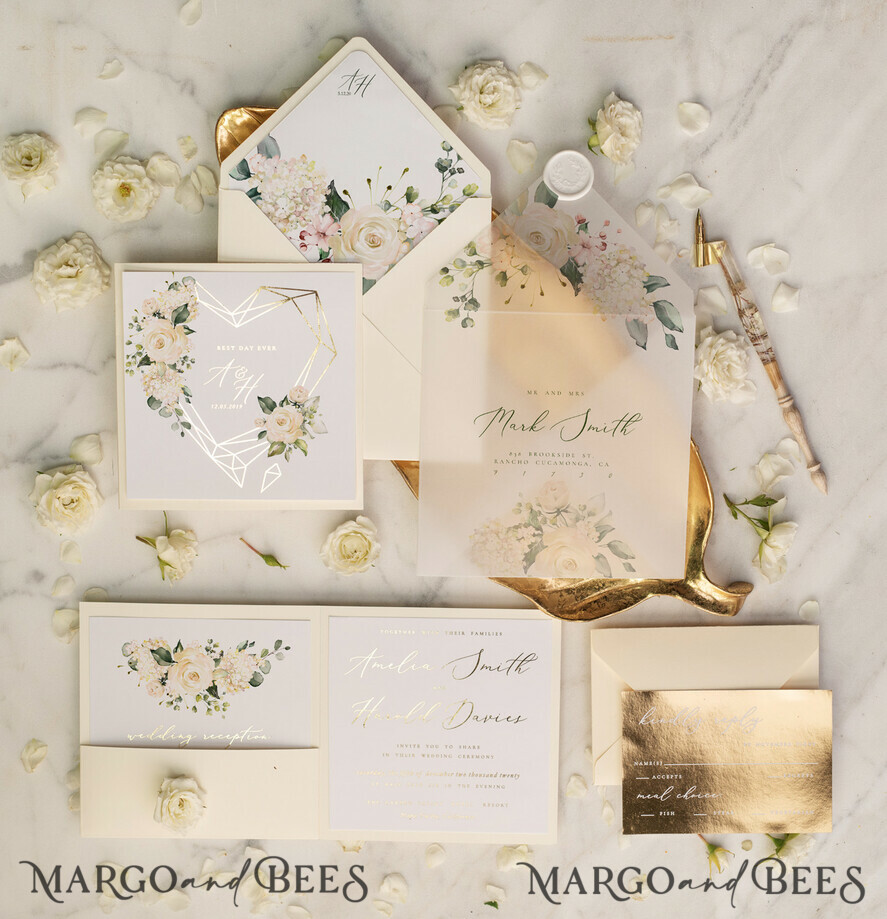 WEDDING INVITATIONS gold / rose gold / silver / glitter Ecru wedding invitations, floral wedding invitations, green lettering, gold mirror paper, ecru and white wedding invitations, white wedding invitations, gold foil print out, gold foil, gold lettering, vellum envelope, pocket wedding invitation, pocket wedding invitations, floral wedding, floral wedding cards, geometric wedding invitations, geometric heart, ecru wedding cards, gold mirror paper