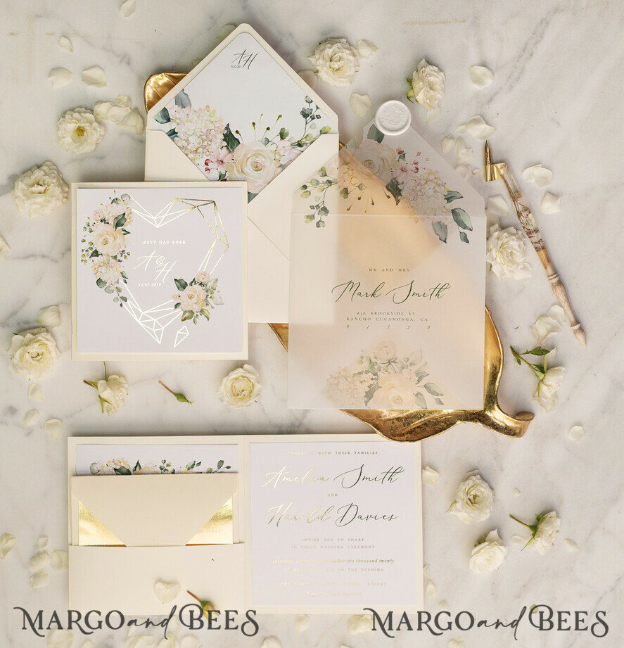 WEDDING INVITATIONS gold / rose gold / silver / glitter Ecru wedding invitations, floral wedding invitations, green lettering, gold mirror paper, ecru and white wedding invitations, white wedding invitations, gold foil print out, gold foil, gold lettering, vellum envelope, pocket wedding invitation, pocket wedding invitations, floral wedding, floral wedding cards, geometric wedding invitations, geometric heart, ecru wedding cards, gold mirror paper