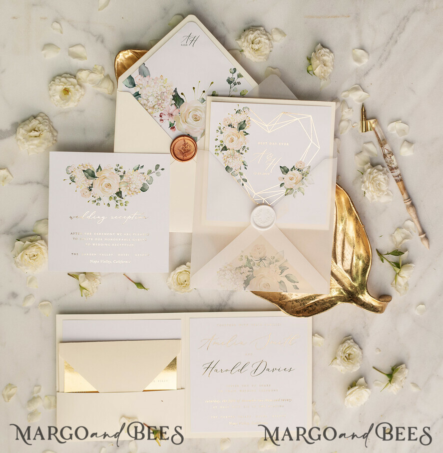 WEDDING INVITATIONS gold / rose gold / silver / glitter Ecru wedding invitations, floral wedding invitations, green lettering, gold mirror paper, ecru and white wedding invitations, white wedding invitations, gold foil print out, gold foil, gold lettering, vellum envelope, pocket wedding invitation, pocket wedding invitations, floral wedding, floral wedding cards, geometric wedding invitations, geometric heart, ecru wedding cards, gold mirror paper