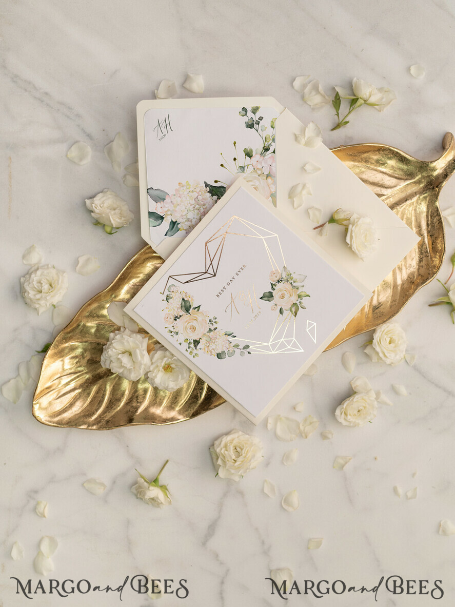 WEDDING INVITATIONS gold / rose gold / silver / glitter Ecru wedding invitations, floral wedding invitations, green lettering, gold mirror paper, ecru and white wedding invitations, white wedding invitations, gold foil print out, gold foil, gold lettering, vellum envelope, pocket wedding invitation, pocket wedding invitations, floral wedding, floral wedding cards, geometric wedding invitations, geometric heart, ecru wedding cards, gold mirror paper