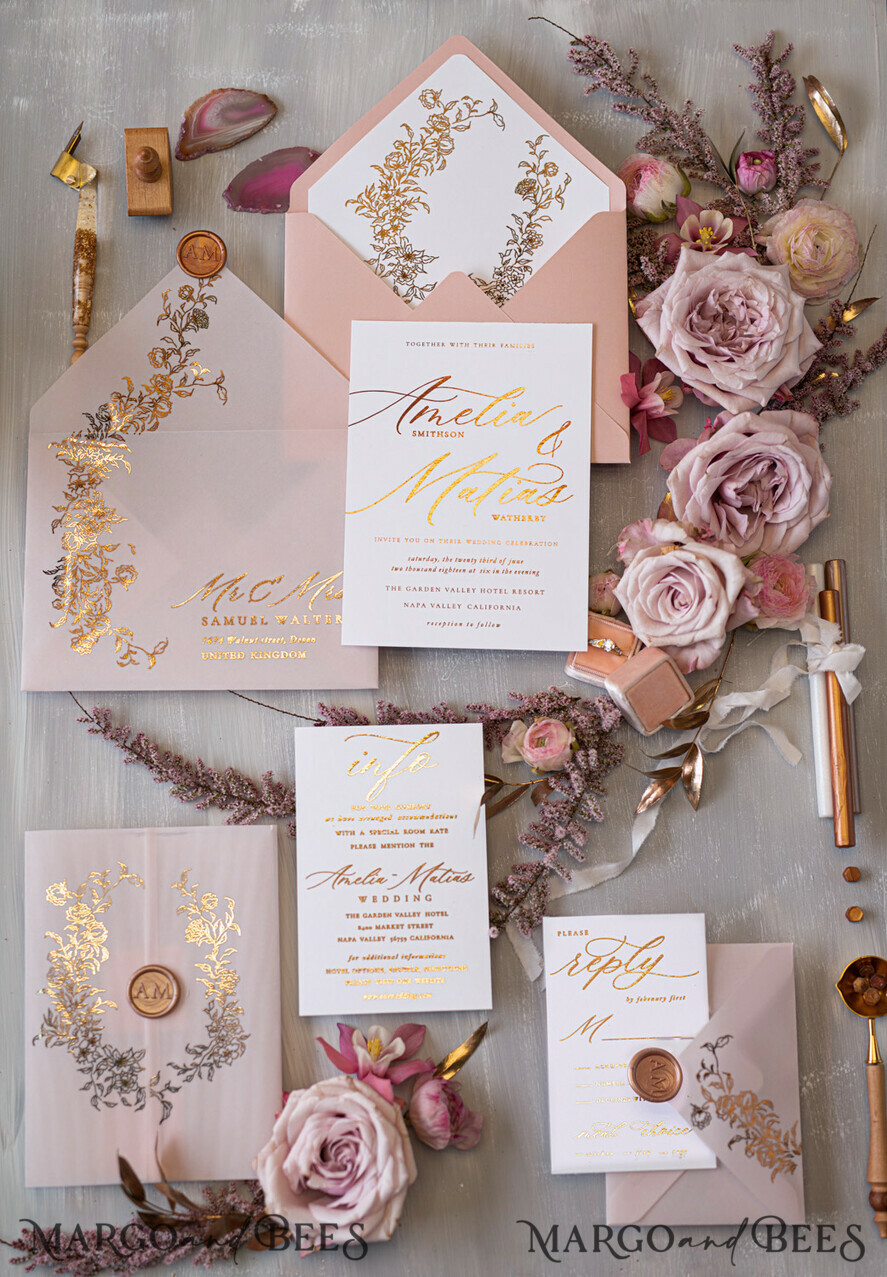 WEDDING INVITATIONS gold / rose gold / silver / glitter Glamour Golden Shine Wedding Invitations, Romantic Blush Pink Wedding Invitation Suite, Luxury Gold Foil Wedding Cards, Elegant White Vellum Invites
