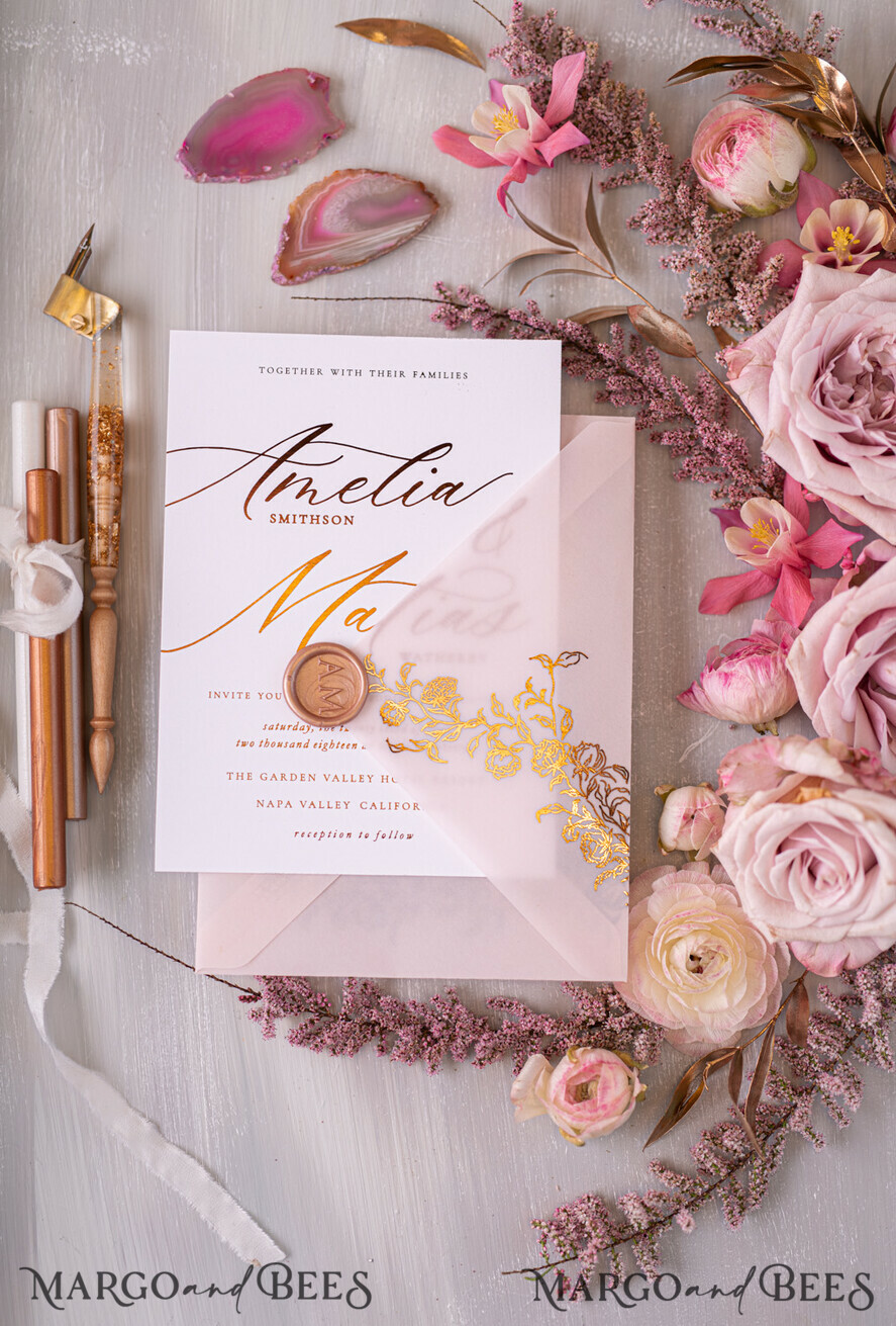 WEDDING INVITATIONS gold / rose gold / silver / glitter Glamour Golden Shine Wedding Invitations, Romantic Blush Pink Wedding Invitation Suite, Luxury Gold Foil Wedding Cards, Elegant White Vellum Invites