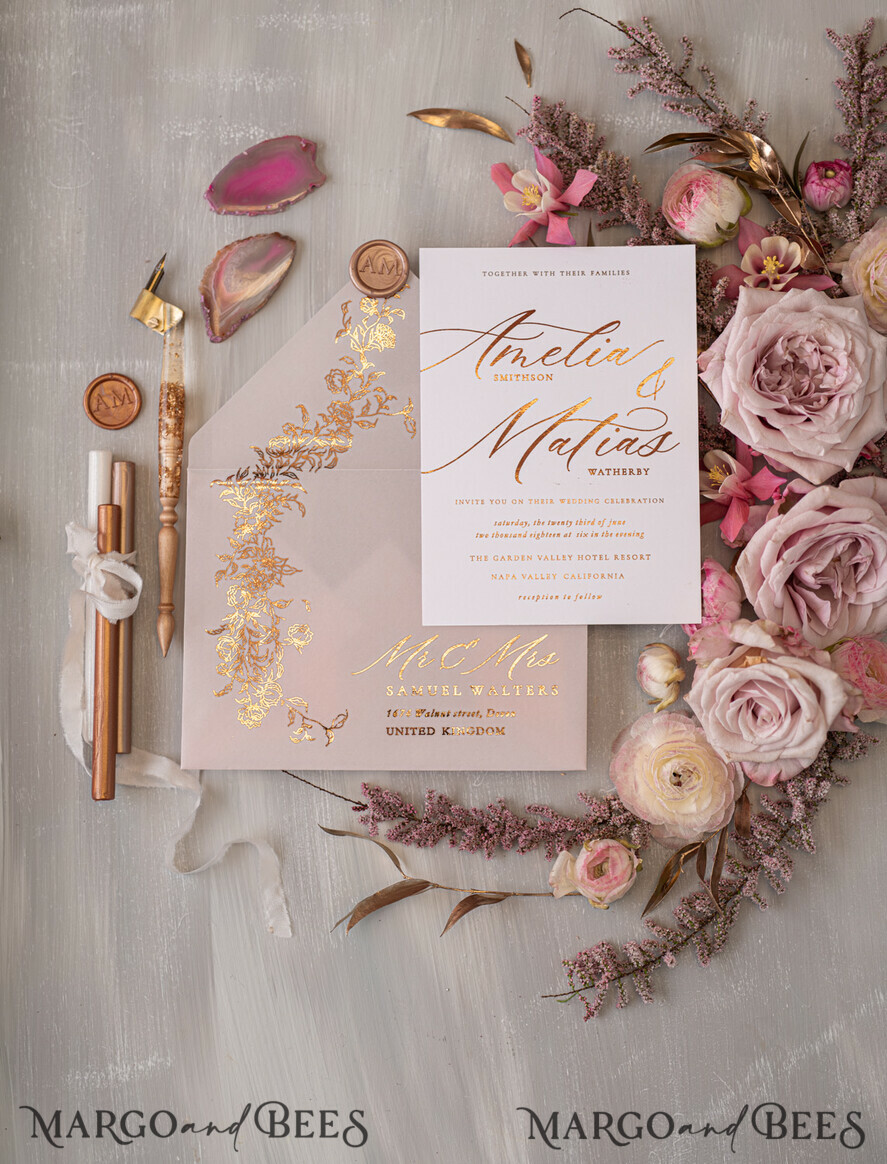 WEDDING INVITATIONS gold / rose gold / silver / glitter Glamour Golden Shine Wedding Invitations, Romantic Blush Pink Wedding Invitation Suite, Luxury Gold Foil Wedding Cards, Elegant White Vellum Invites