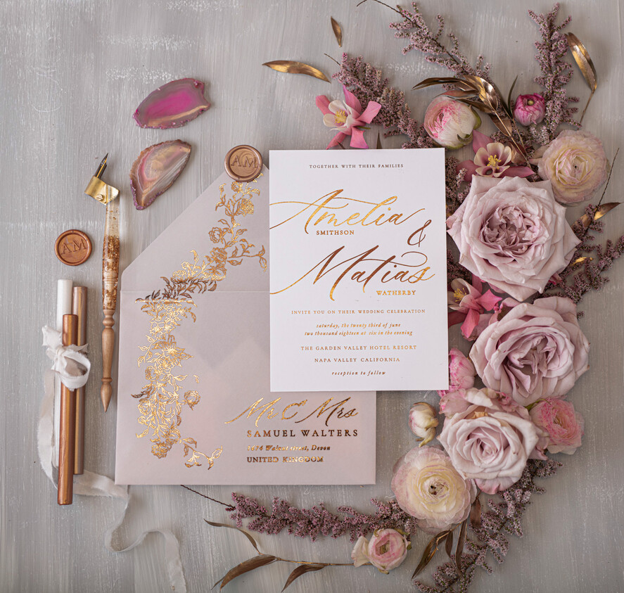 WEDDING INVITATIONS gold / rose gold / silver / glitter Glamour Golden Shine Wedding Invitations, Romantic Blush Pink Wedding Invitation Suite, Luxury Gold Foil Wedding Cards, Elegant White Vellum Invites