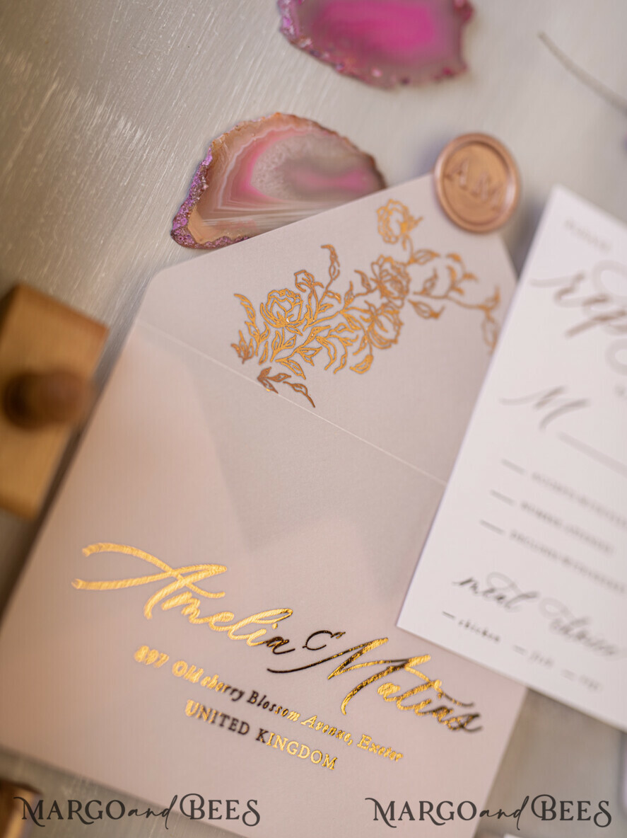 WEDDING INVITATIONS gold / rose gold / silver / glitter Glamour Golden Shine Wedding Invitations, Romantic Blush Pink Wedding Invitation Suite, Luxury Gold Foil Wedding Cards, Elegant White Vellum Invites