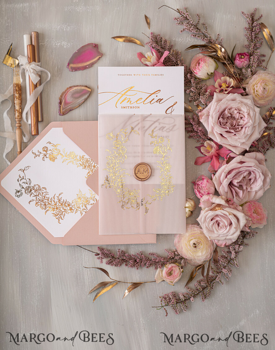 WEDDING INVITATIONS gold / rose gold / silver / glitter Glamour Golden Shine Wedding Invitations, Romantic Blush Pink Wedding Invitation Suite, Luxury Gold Foil Wedding Cards, Elegant White Vellum Invites
