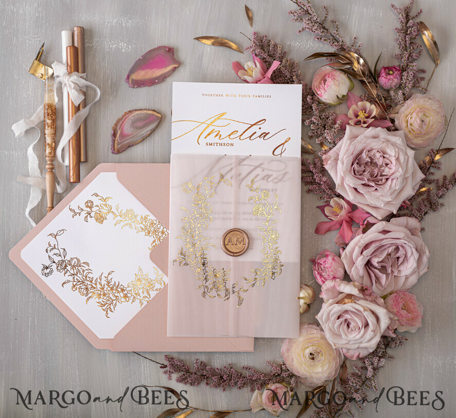 WEDDING INVITATIONS gold / rose gold / silver / glitter Glamour Golden Shine Wedding Invitations, Romantic Blush Pink Wedding Invitation Suite, Luxury Gold Foil Wedding Cards, Elegant White Vellum Invites