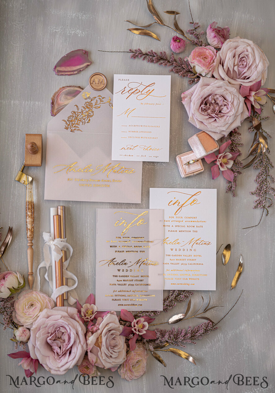 WEDDING INVITATIONS gold / rose gold / silver / glitter Glamour Golden Shine Wedding Invitations, Romantic Blush Pink Wedding Invitation Suite, Luxury Gold Foil Wedding Cards, Elegant White Vellum Invites