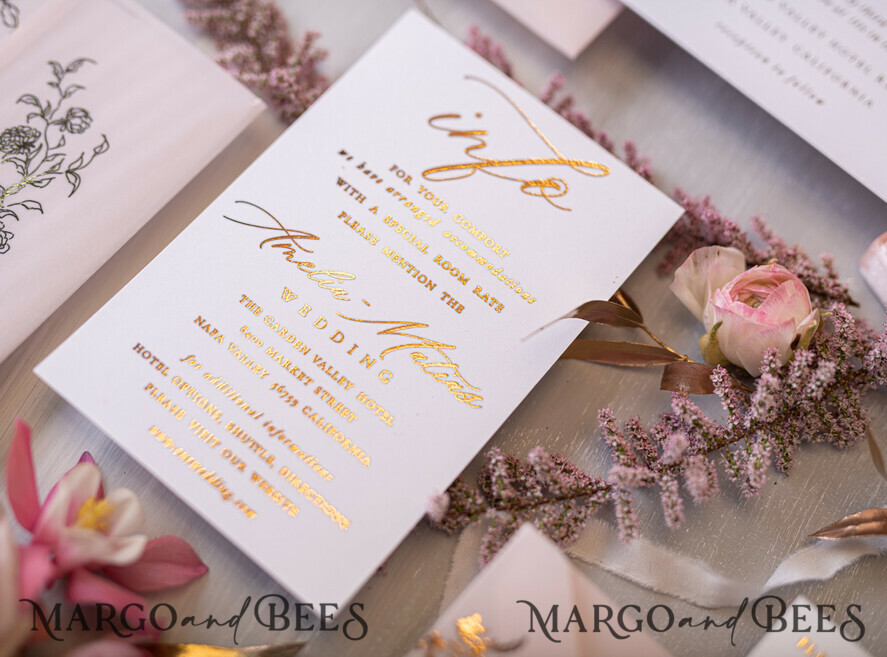 WEDDING INVITATIONS gold / rose gold / silver / glitter Glamour Golden Shine Wedding Invitations, Romantic Blush Pink Wedding Invitation Suite, Luxury Gold Foil Wedding Cards, Elegant White Vellum Invites