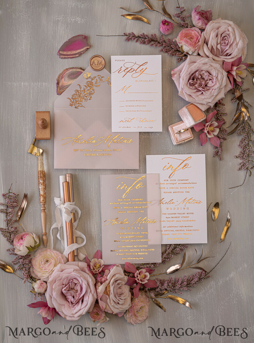 WEDDING INVITATIONS gold / rose gold / silver / glitter Glamour Golden Shine Wedding Invitations, Romantic Blush Pink Wedding Invitation Suite, Luxury Gold Foil Wedding Cards, Elegant White Vellum Invites