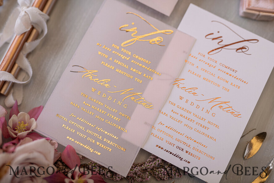 WEDDING INVITATIONS gold / rose gold / silver / glitter Glamour Golden Shine Wedding Invitations, Romantic Blush Pink Wedding Invitation Suite, Luxury Gold Foil Wedding Cards, Elegant White Vellum Invites