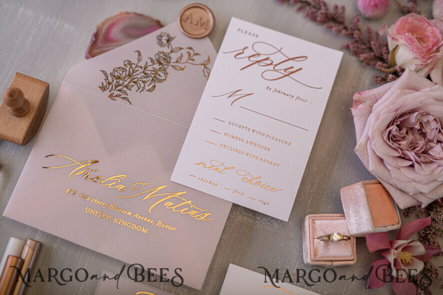 WEDDING INVITATIONS gold / rose gold / silver / glitter Glamour Golden Shine Wedding Invitations, Romantic Blush Pink Wedding Invitation Suite, Luxury Gold Foil Wedding Cards, Elegant White Vellum Invites