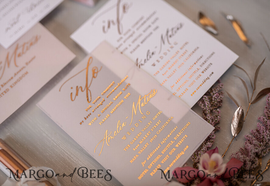 WEDDING INVITATIONS gold / rose gold / silver / glitter Glamour Golden Shine Wedding Invitations, Romantic Blush Pink Wedding Invitation Suite, Luxury Gold Foil Wedding Cards, Elegant White Vellum Invites