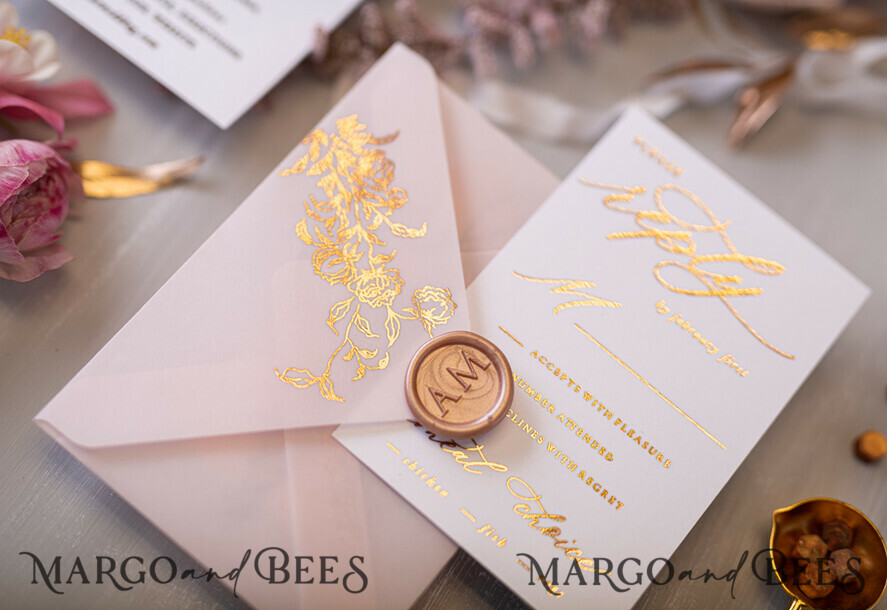 WEDDING INVITATIONS gold / rose gold / silver / glitter Glamour Golden Shine Wedding Invitations, Romantic Blush Pink Wedding Invitation Suite, Luxury Gold Foil Wedding Cards, Elegant White Vellum Invites