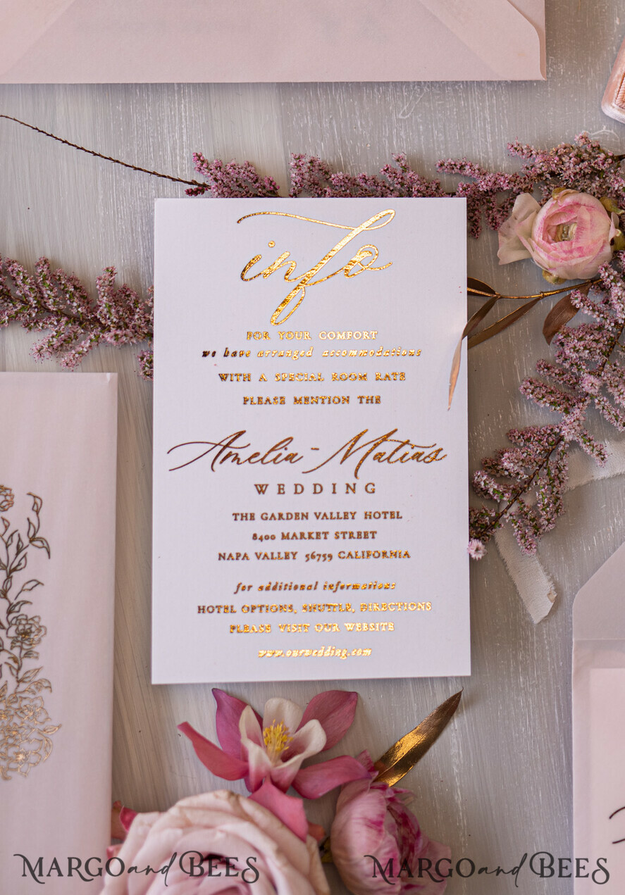 WEDDING INVITATIONS gold / rose gold / silver / glitter Glamour Golden Shine Wedding Invitations, Romantic Blush Pink Wedding Invitation Suite, Luxury Gold Foil Wedding Cards, Elegant White Vellum Invites