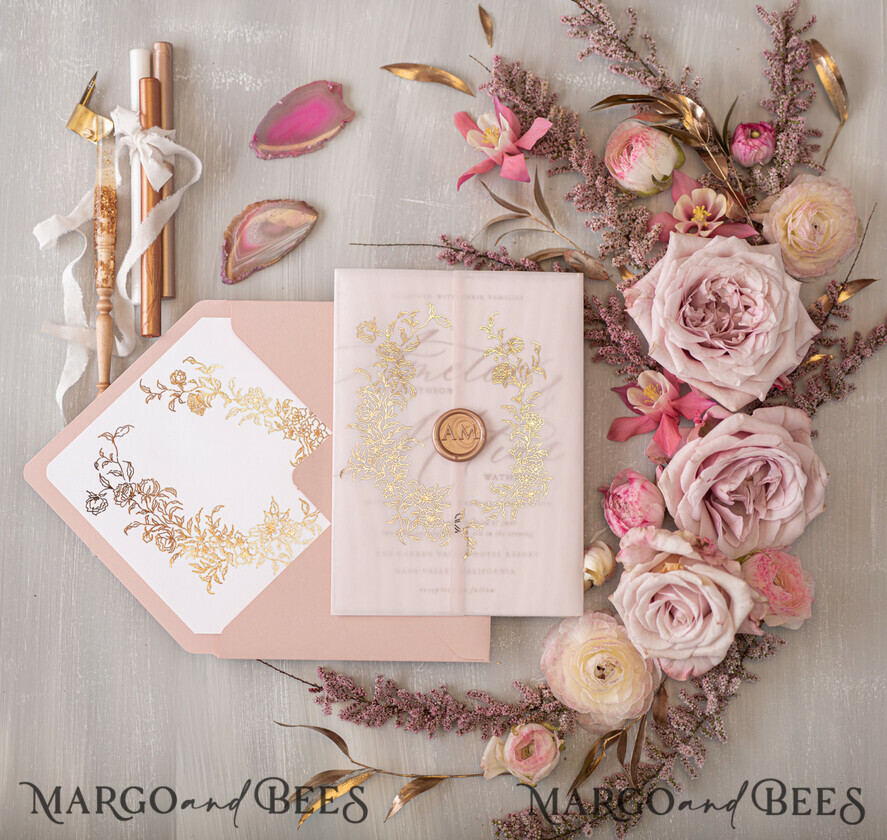 WEDDING INVITATIONS gold / rose gold / silver / glitter Glamour Golden Shine Wedding Invitations, Romantic Blush Pink Wedding Invitation Suite, Luxury Gold Foil Wedding Cards, Elegant White Vellum Invites