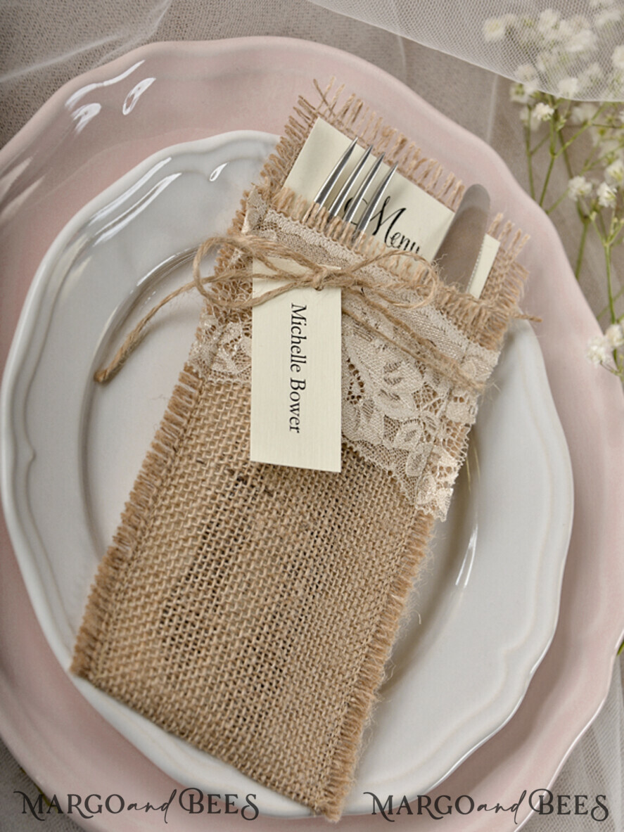 MENU & PROGRAMS rustic Burlap Silverware Holder, Rustic table decor, Wedding Table Set, Elegant Table Setting, Burlap table decoration, Wedding Rustic Menu With Burlap Twine And Tag