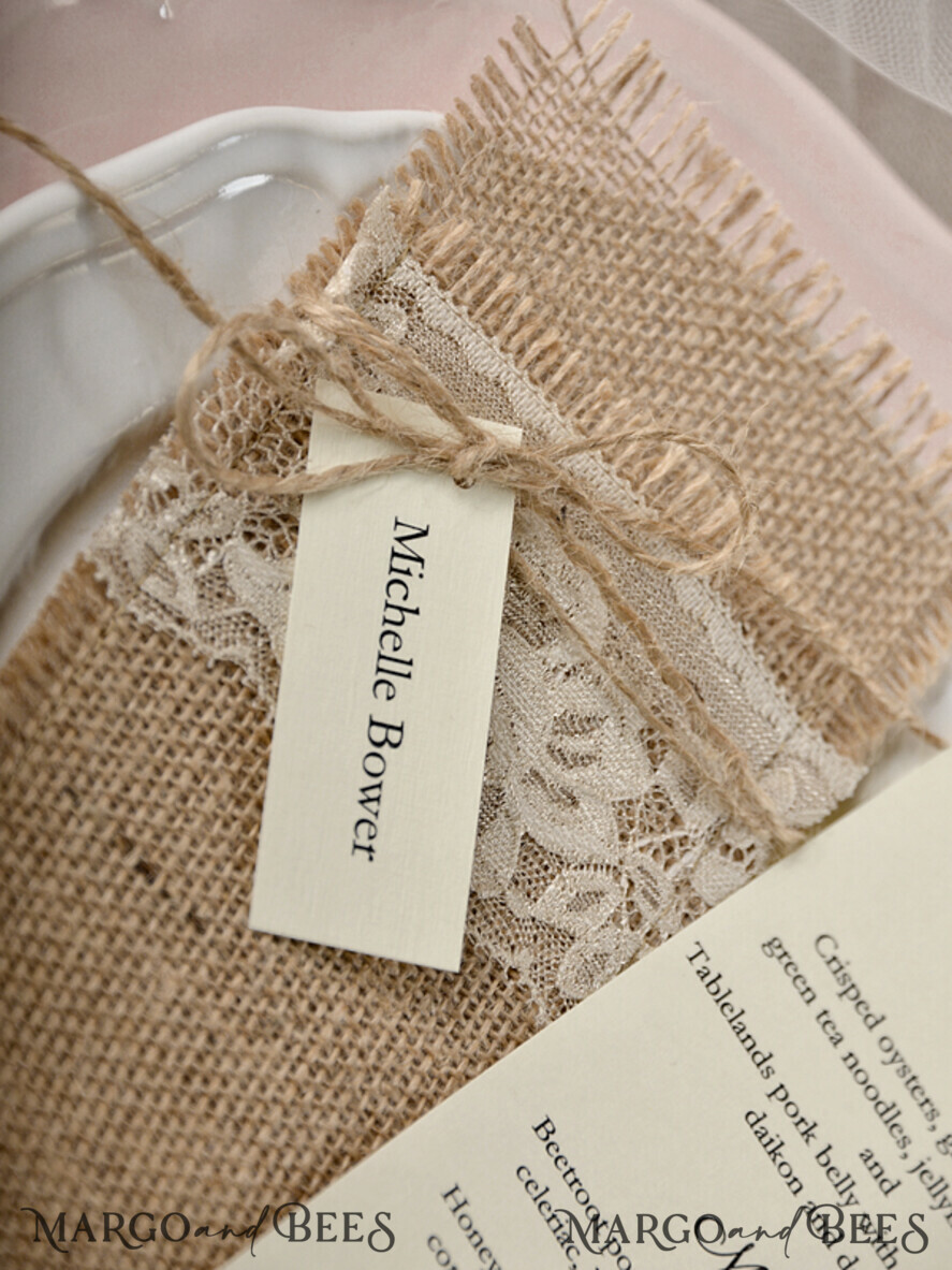 MENU & PROGRAMS rustic Burlap Silverware Holder, Rustic table decor, Wedding Table Set, Elegant Table Setting, Burlap table decoration, Wedding Rustic Menu With Burlap Twine And Tag
