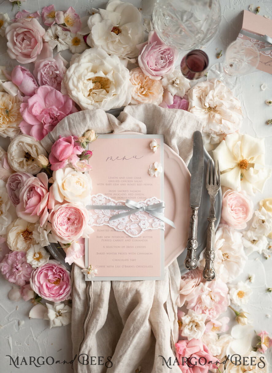 MENU & PROGRAMS rustic Romantic Blush Wedding Menu with Ribbon, Vintage Lace Personalized Menu Cards, Light Grey and Blush Pink Shabby Chic Wedding Menu, Handmade Lace Menu Cards