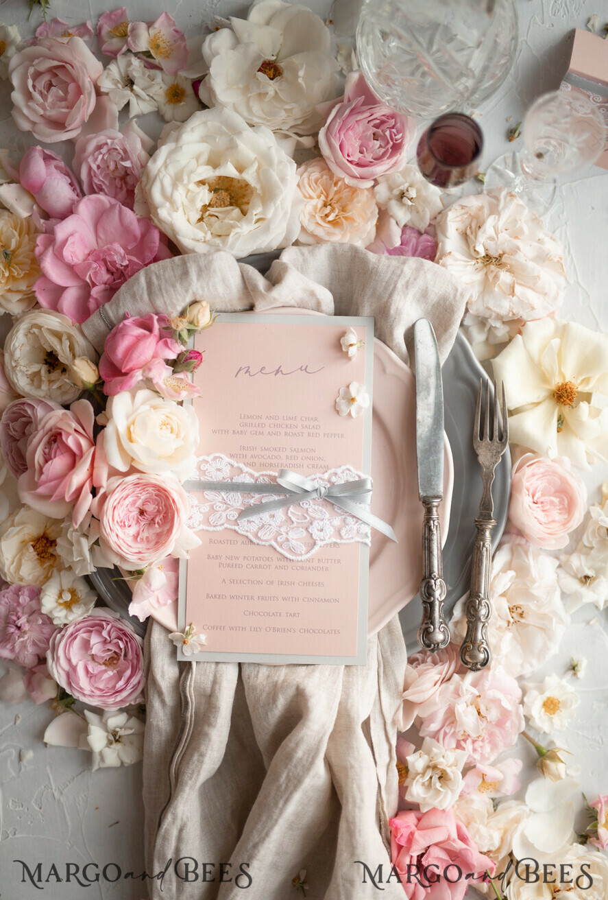 MENU & PROGRAMS rustic Romantic Blush Wedding Menu with Ribbon, Vintage Lace Personalized Menu Cards, Light Grey and Blush Pink Shabby Chic Wedding Menu, Handmade Lace Menu Cards