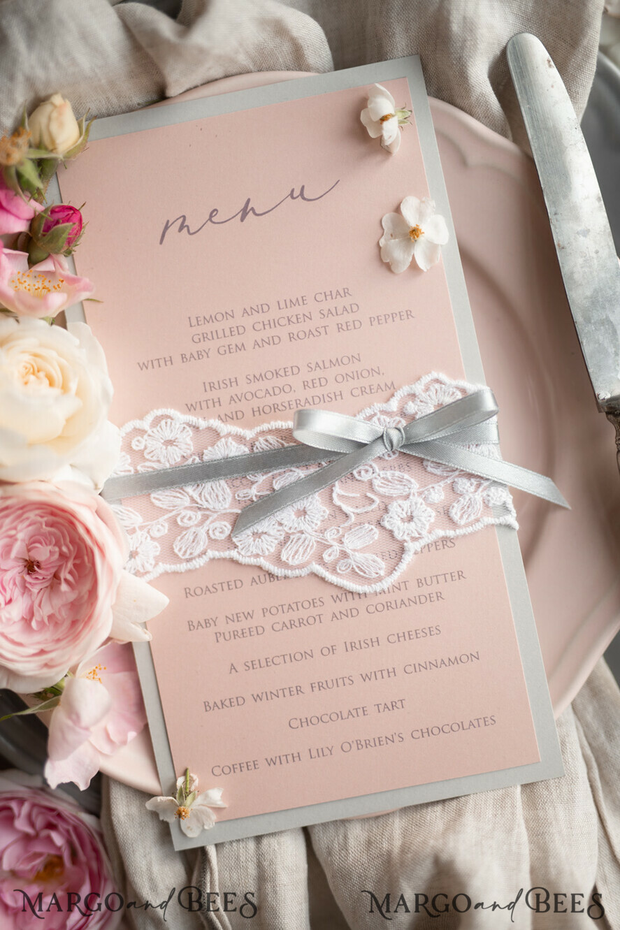 MENU & PROGRAMS rustic Romantic Blush Wedding Menu with Ribbon, Vintage Lace Personalized Menu Cards, Light Grey and Blush Pink Shabby Chic Wedding Menu, Handmade Lace Menu Cards